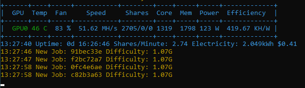 Image of a console terminal showing mining stats