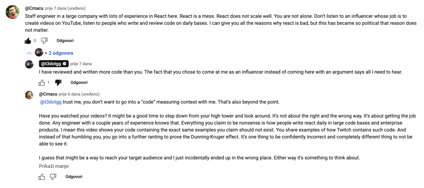 Screenshot showing a chain of YouTube comments questioning Theo's incentives